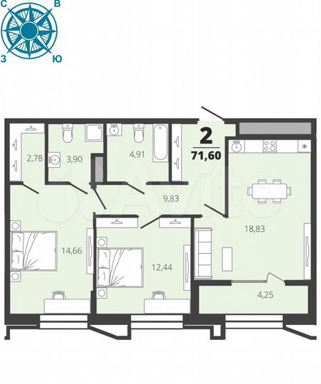 2-к. квартира, 71,6 м², 12/19 эт.