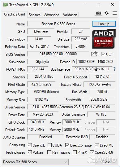 Gigabyte Radeon rx 580 8gb gaming 8G MI