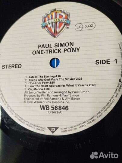 Paul Simon One Trick Pony фирменный винил