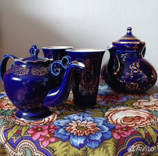 Чайник, стаканы кобальт с золотом Гжель