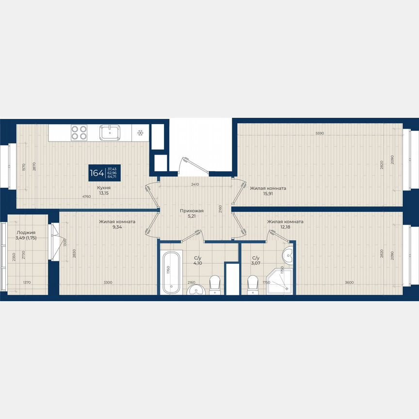 3-к. квартира, 64,7 м², 1/12 эт.