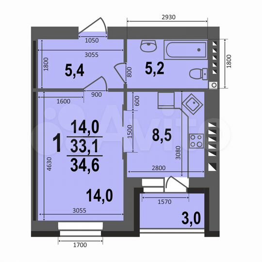 1-к. квартира, 34,6 м², 2/5 эт.