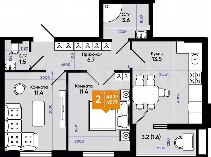 2-к. квартира, 49,8 м², 8/9 эт.