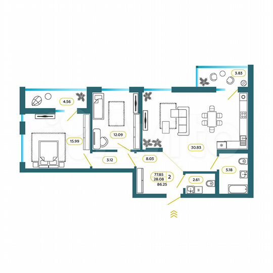 2-к. квартира, 86,3 м², 4/9 эт.