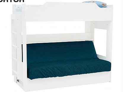 Двухъярусная кровать с диван-кроватью синий / белы