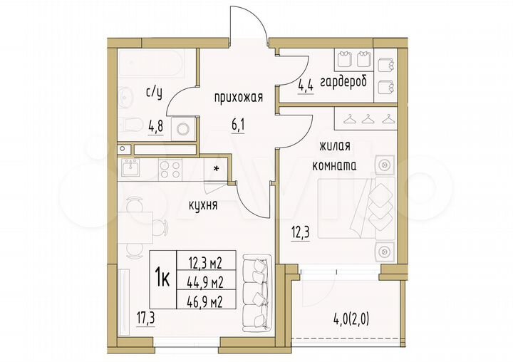 1-к. квартира, 46,9 м², 4/6 эт.