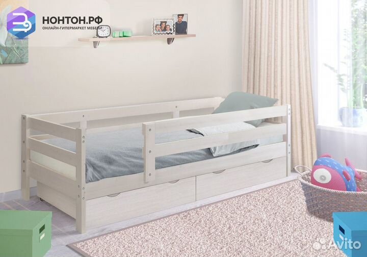 Кровать Норка с ящиками и бортиком выбеленная бере