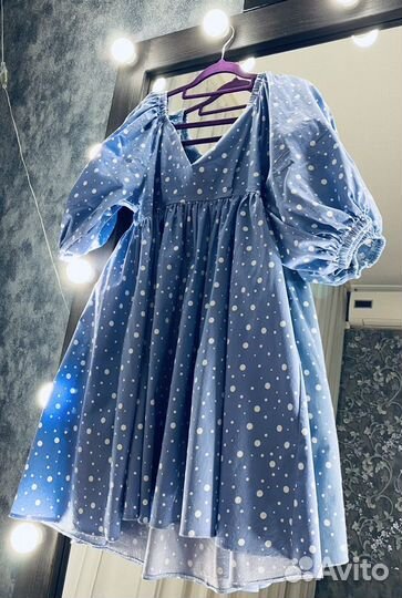 Платье в горох голубое