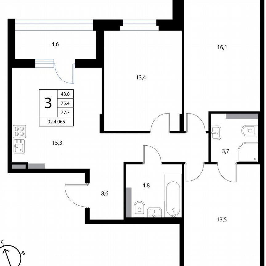 3-к. квартира, 77,7 м², 3/3 эт.