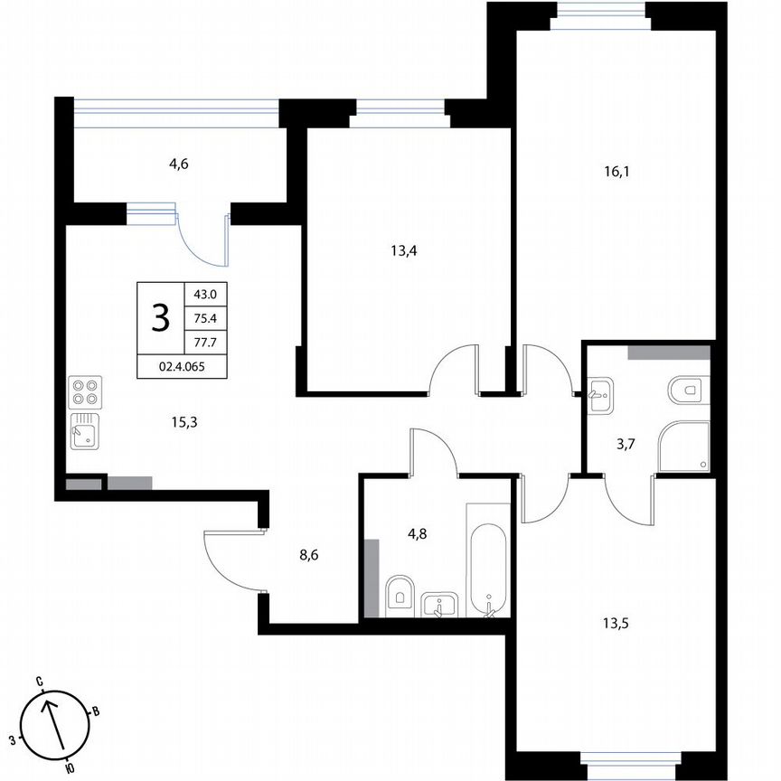 3-к. квартира, 77,7 м², 3/3 эт.