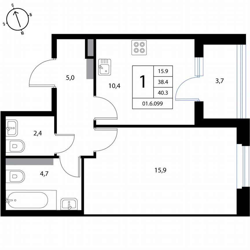 1-к. квартира, 40,3 м², 3/3 эт.