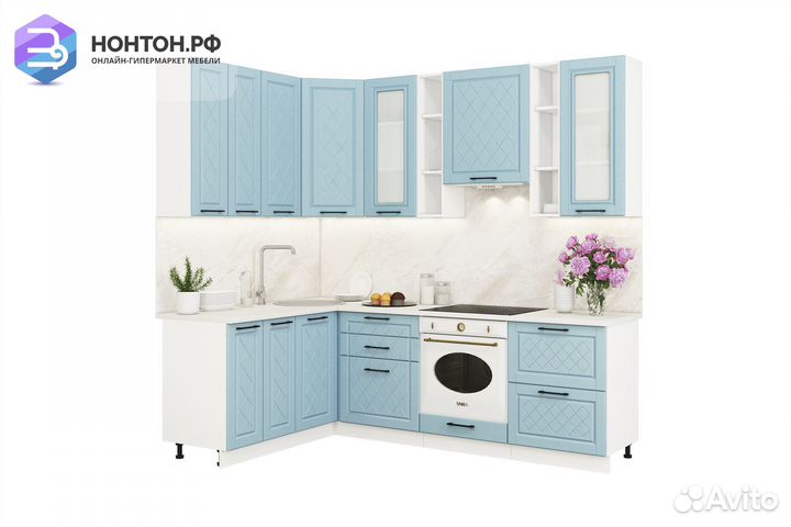 Кухня угловая Барселона 1.6 на 2.4 м голубой тик