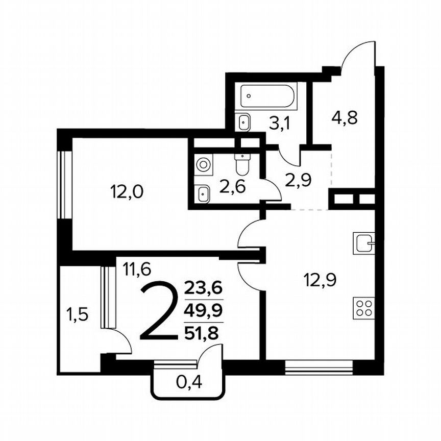 2-к. квартира, 51,8 м², 12/14 эт.
