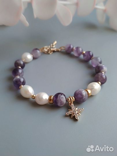 Браслет из натуральных камней. Аметист и жемчуг