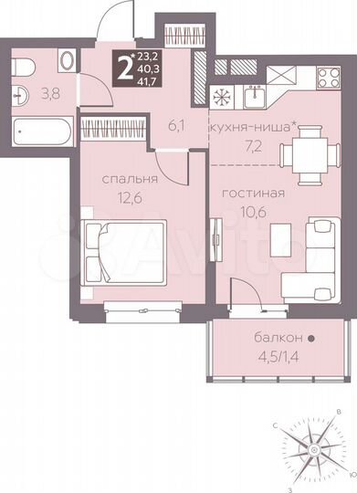 2-к. квартира, 41,7 м², 2/16 эт.