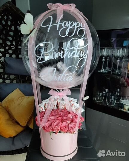 Шар баблс с цветами, цветы в коробке