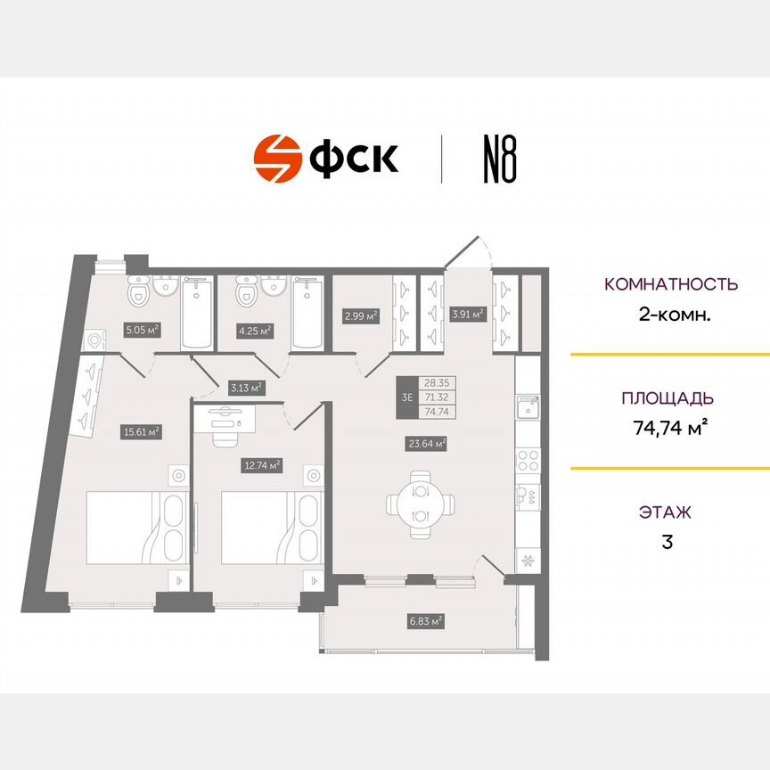 2-к. квартира, 74,7 м², 3/10 эт.