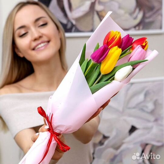 Букеты розовых Тюльпанов 10 по 7