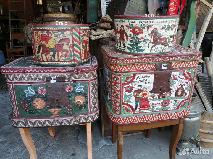 Старинные расписные лубяной короб рубель ларец