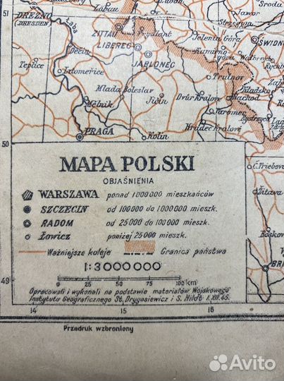Старинная карта Polski 1945г