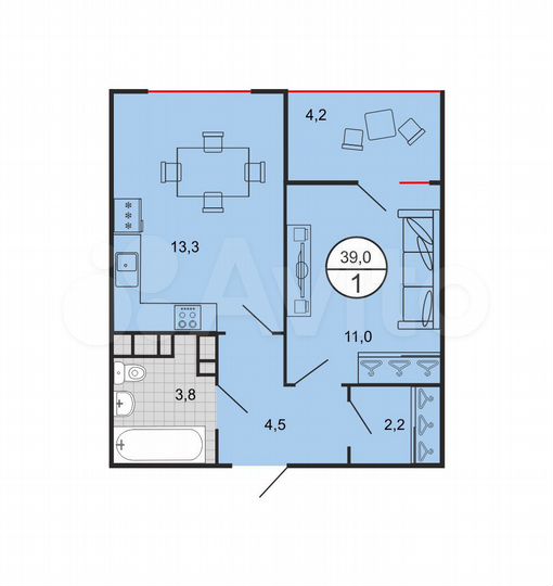 1-к. квартира, 39 м², 9/19 эт.