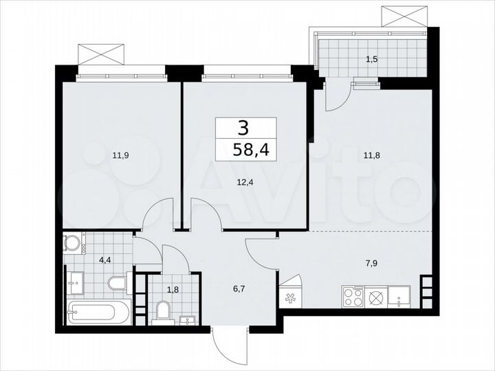 3-к. квартира, 58,4 м², 4/14 эт.