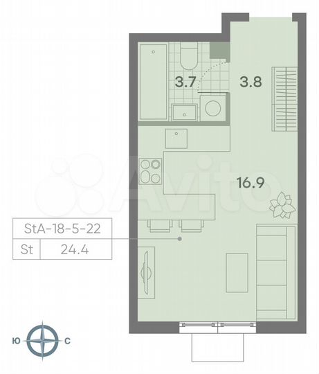 Квартира-студия, 24,4 м², 13/23 эт.