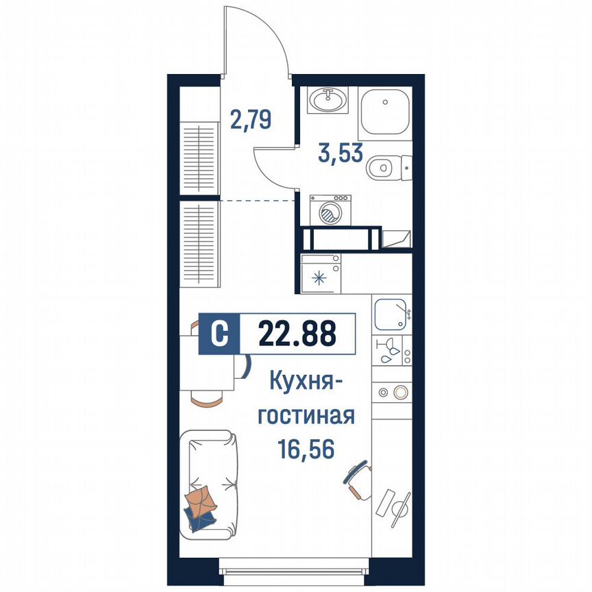 Квартира-студия, 22,9 м², 12/18 эт.