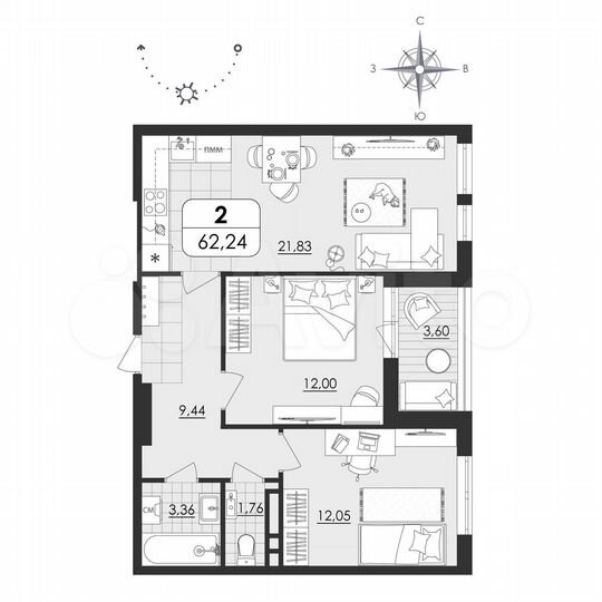 2-к. квартира, 62,2 м², 15/19 эт.