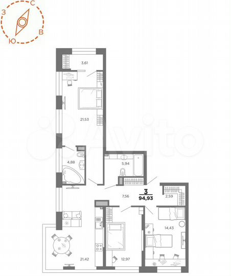 3-к. квартира, 94,9 м², 12/22 эт.