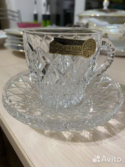 Хрустальные чашки с блюдцами СССР богемия