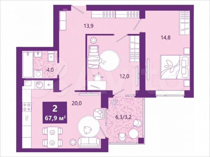 2-к. квартира, 67,9 м², 3/4 эт.