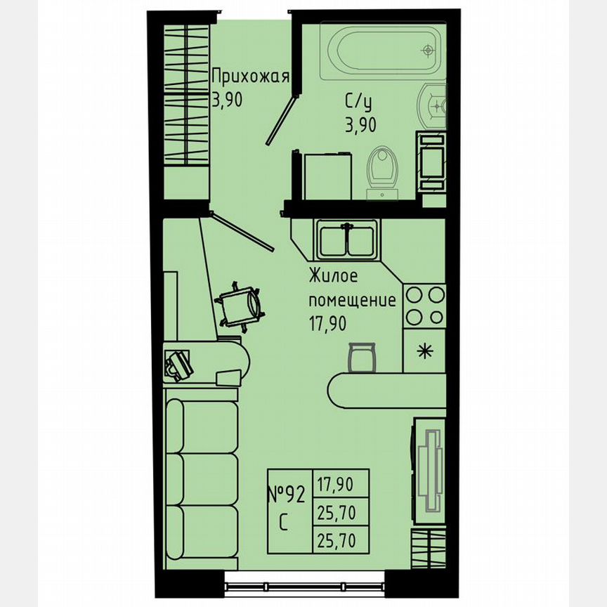 Квартира-студия, 25,7 м², 3/8 эт.