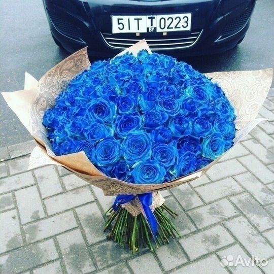 Розы синие в крафте 51 шт