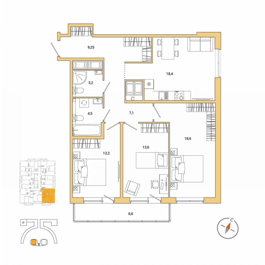 3-к. квартира, 88,8 м², 20/25 эт.