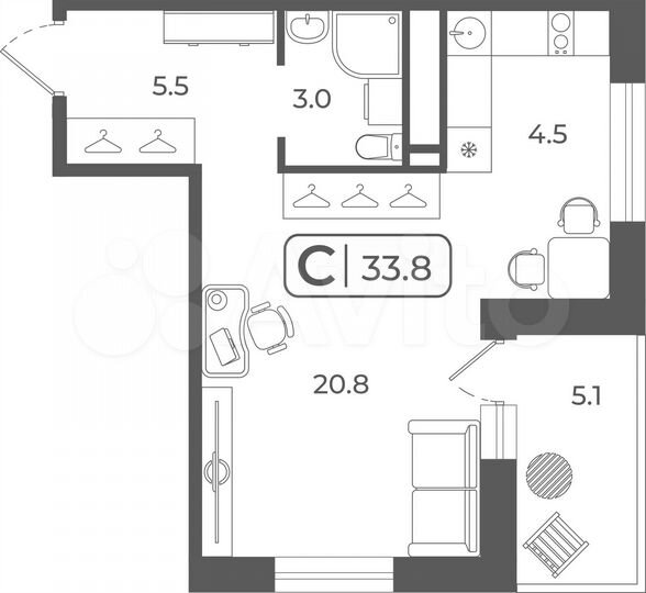 Квартира-студия, 33,9 м², 15/22 эт.