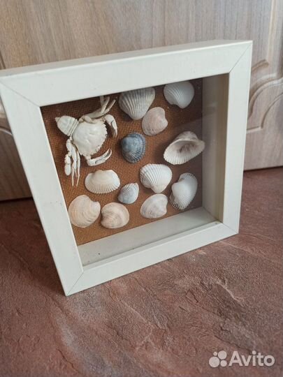 Панно ракушки, краб в объёмной раме под стеклом
