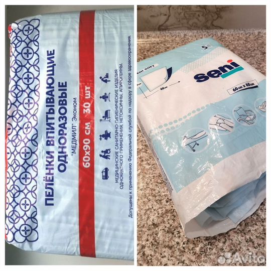 Пеленки впитывающие разовые 60х90 Медмил и Seni