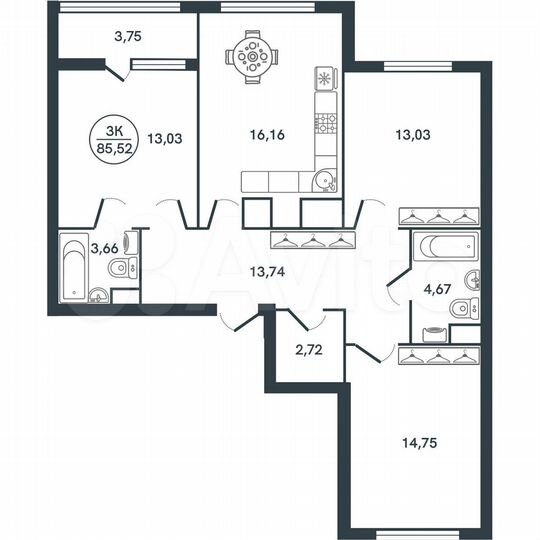 3-к. квартира, 85,5 м², 6/17 эт.
