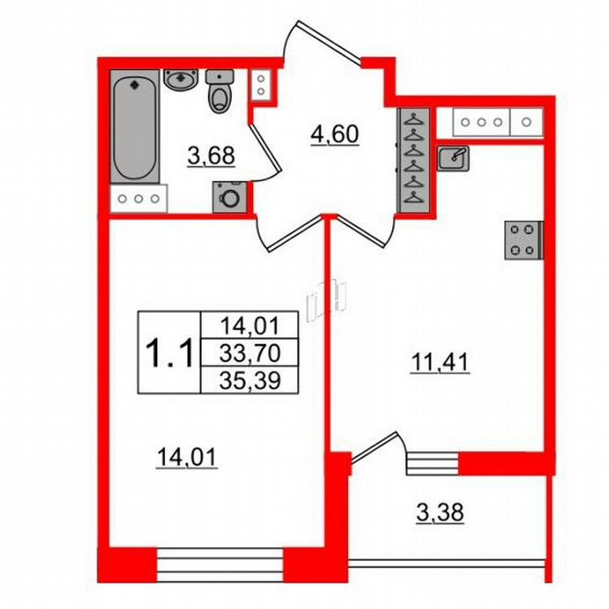 1-к. квартира, 33,7 м², 6/12 эт.