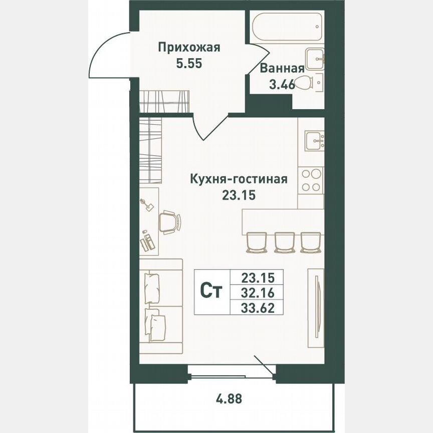 Квартира-студия, 33,6 м², 8/16 эт.