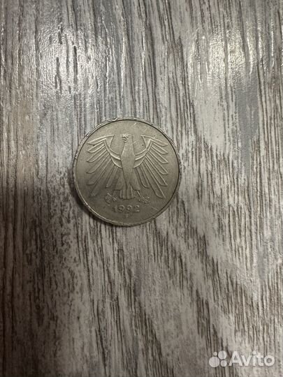 Монета 5 марок 1992 F. фрг Германия