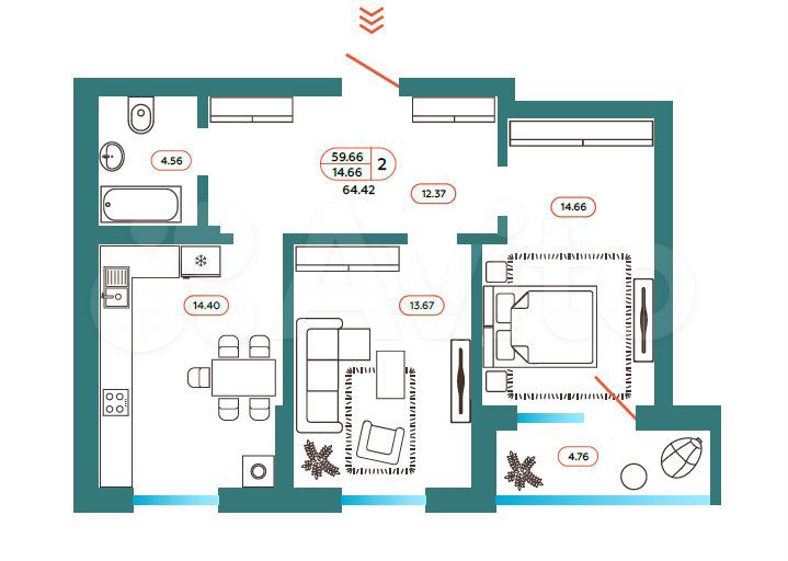 2-к. квартира, 64,4 м², 1/8 эт.