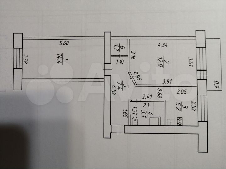 2-к. квартира, 44,2 м², 3/5 эт.