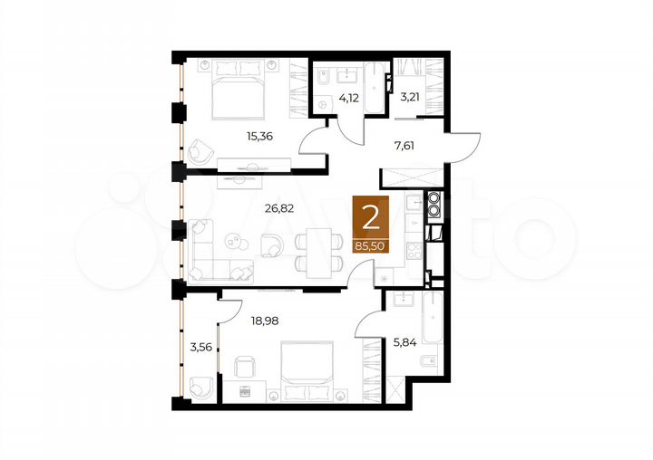 2-к. квартира, 85,5 м², 2/8 эт.