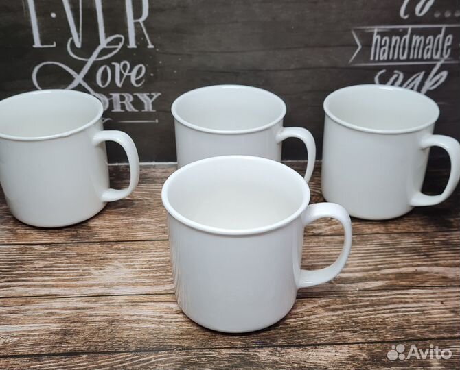 Белые фарфоровые кружки набор 4 шт стаканы 390 мл