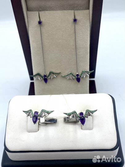 Серебряные серьги с натур Аметистами и фианитами