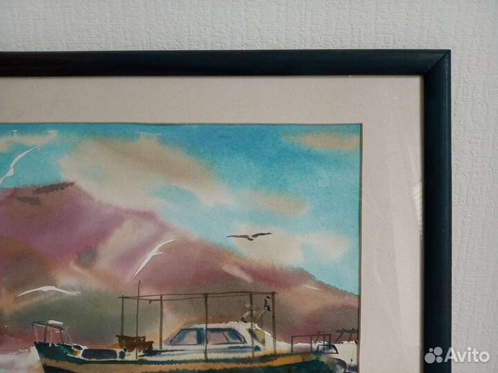 Пейзаж с катером. Акварель