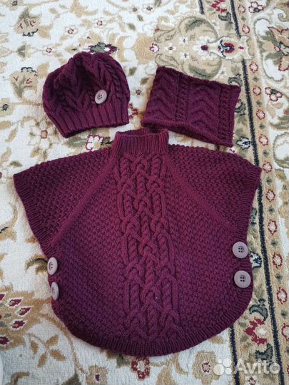Пончо, шапка, снуд вязаные для девочки