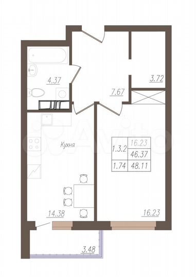 1-к. квартира, 48,1 м², 13/19 эт.